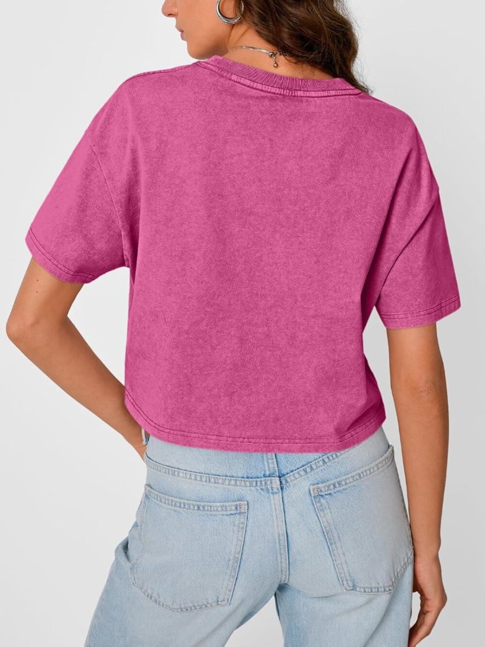 Women's Hot Pink Short Sleeve ACID Wash Casual Summer Baggy Cotton Crop Tops - Picture 4 of 5